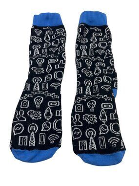 Tech-Themed Black & Blue Crew Socks W/White Iconic Patterns Unisex Soft/Stretchy